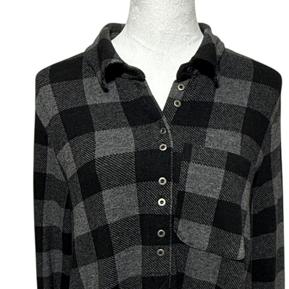 Soft Surroundings Shirt Dress Small Gray Black Long Sleeve Plaid Flannel Button